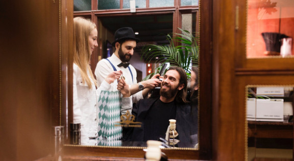 A delivery done in a barber shop